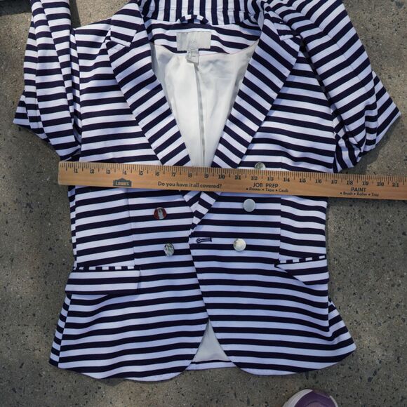 H&M Navy White Striped Blazer Gold Button Tailored Jacket Size 12 Preppy Work - Picture 12 of 15